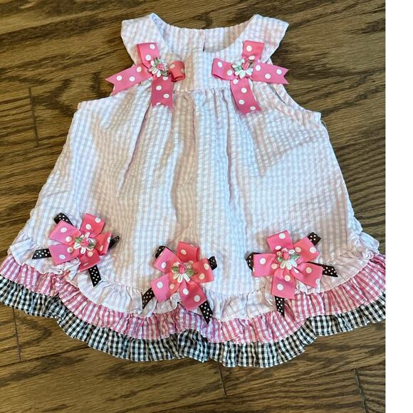 Rare Editions 2T Pink Seersucker Dress Polka Dot Bows Floral Ruffle Hem Boutique - Picture 1 of 5